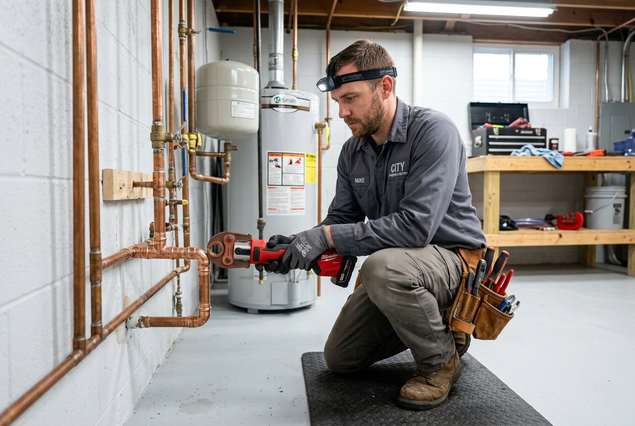Plumber preparing for pipe leak repair Lakewood NJ